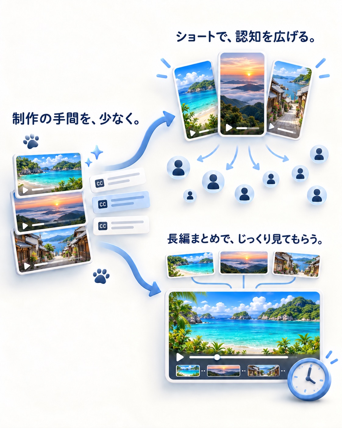制作の手間を減らし、ショート動画で新しい視聴者へ届け、長編まとめ動画でじっくり見てもらう流れ。肉球の印が制作をサポート。